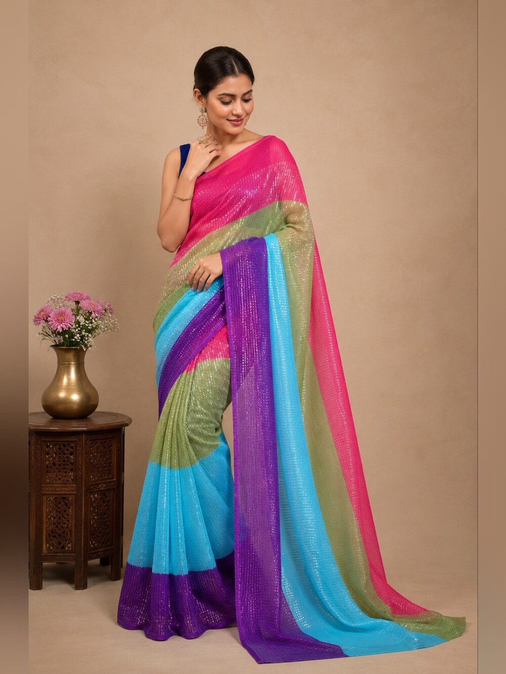 Georgette Multi Color Printed Light Weight Saree